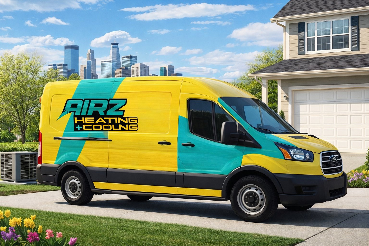 Airz Heating & Cooling service van parked outside a home